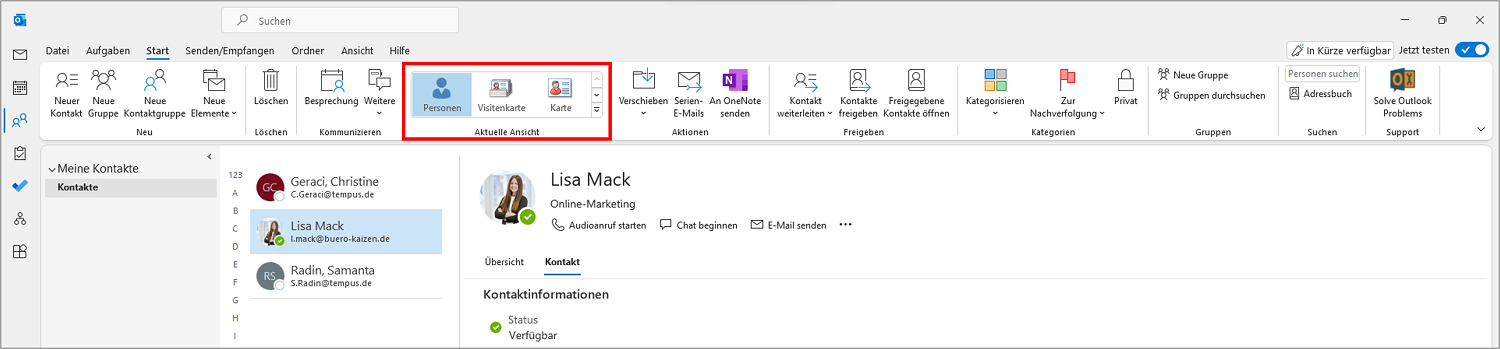 Outlook Ansicht ändern: Unter „Aktuelle Ansicht“ können Sie die Darstellungsweise der Kontakte in Outlook ändern.