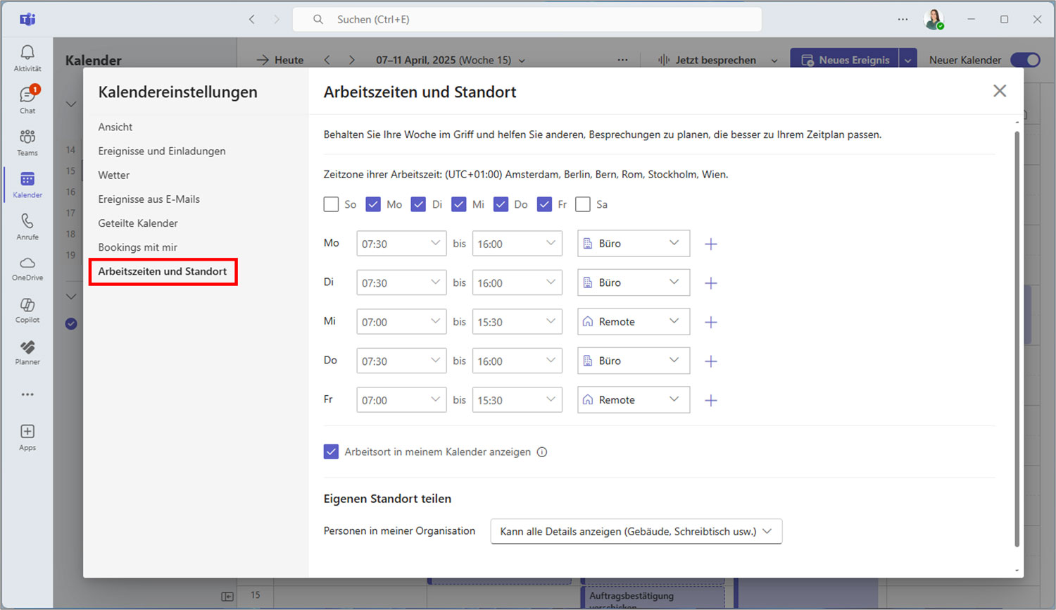 Outlook Arbeitszeit einstellen Teams Standort und Uhrzeit