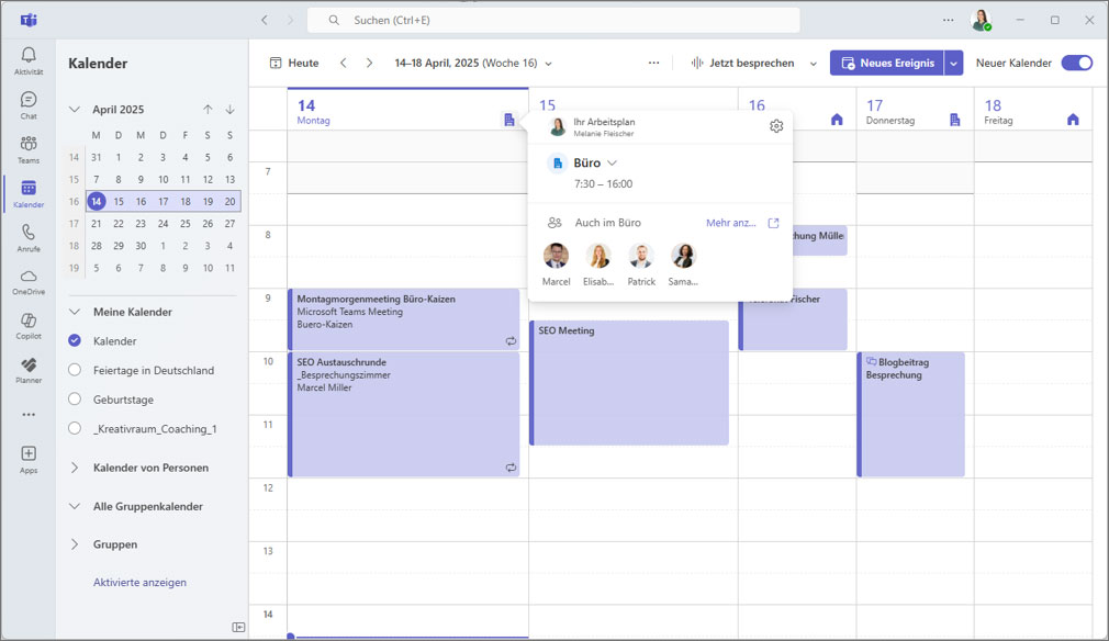 Outlook Arbeitszeiten einstellen Teams Arbeitskollegen