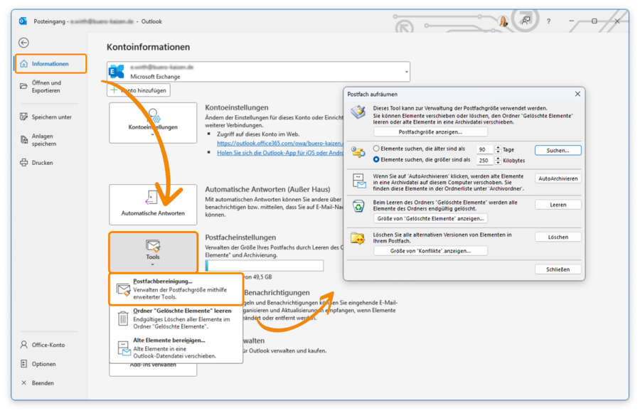 Outlook Archiv anlegen: Vor dem archivieren, Postfach aufräumen