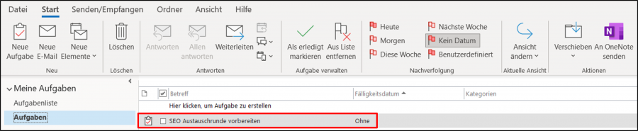 Suchen einer Aufgabe welche Sie mit Outlook zuweisen wollen.