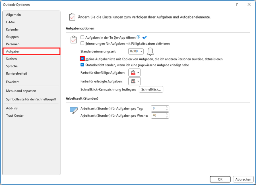 Outlook Aufgaben zuweisen EInstellung Aufgaben anzeigen