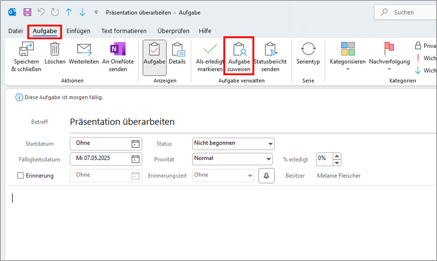 Outlook Aufgabe zuweisen Schritt 1