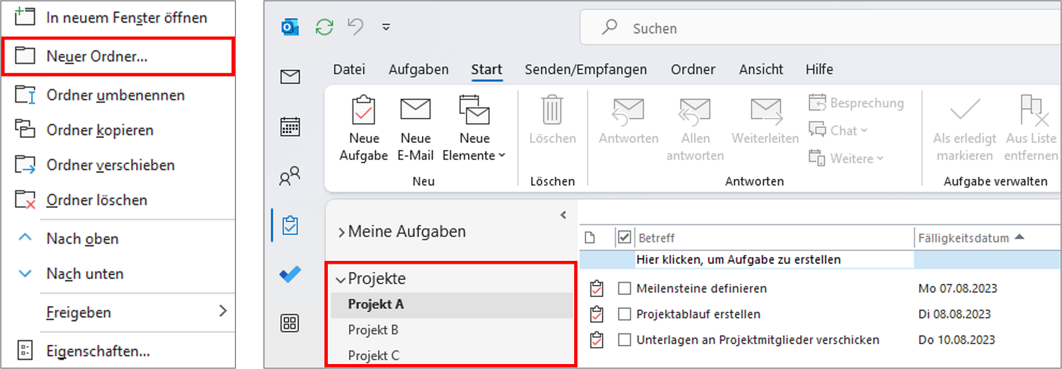 Die Outlook Aufgaben können Sie auch mittels Ordnern den verschiedenen Projekten zuordnen.