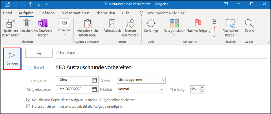 Versenden Sie Ihre zugewiesenen Outlook Aufgabe.