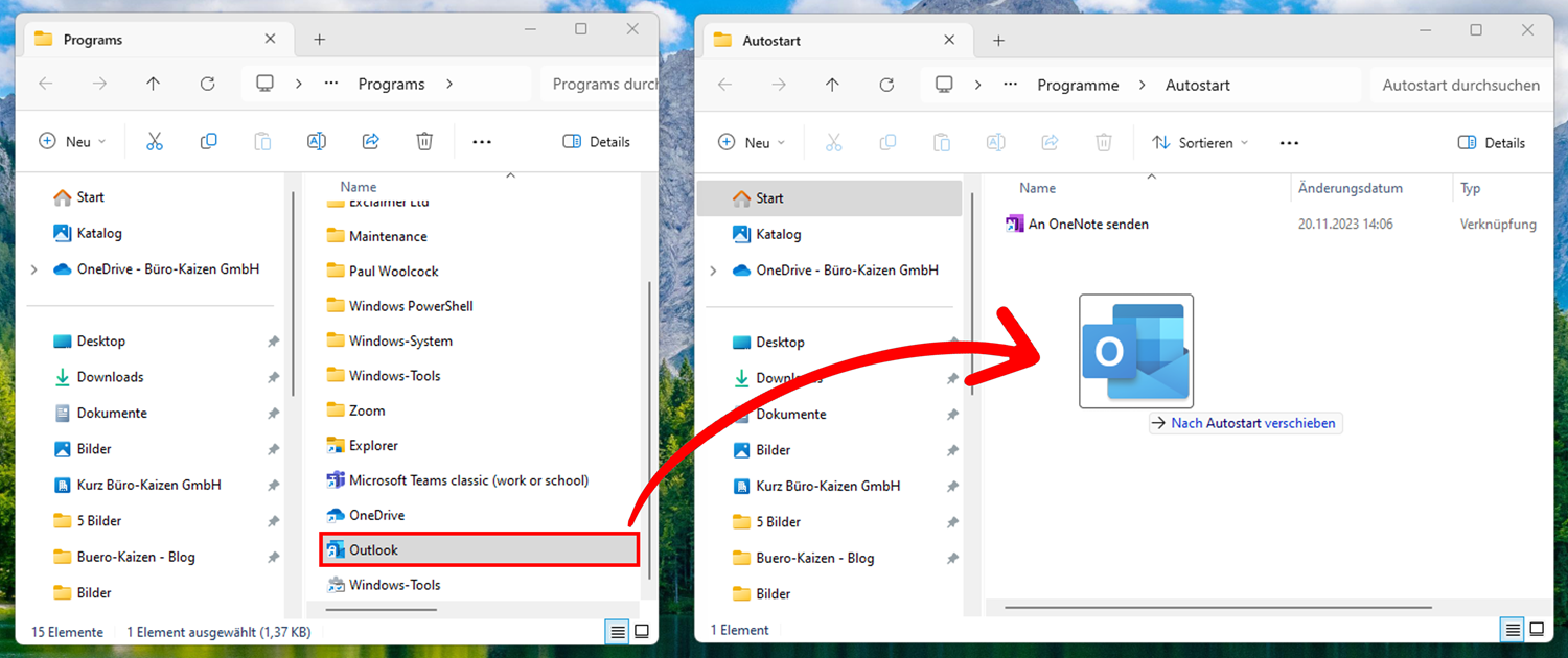 Outlook Autostart aktivieren mittels Autostart-Ordner.