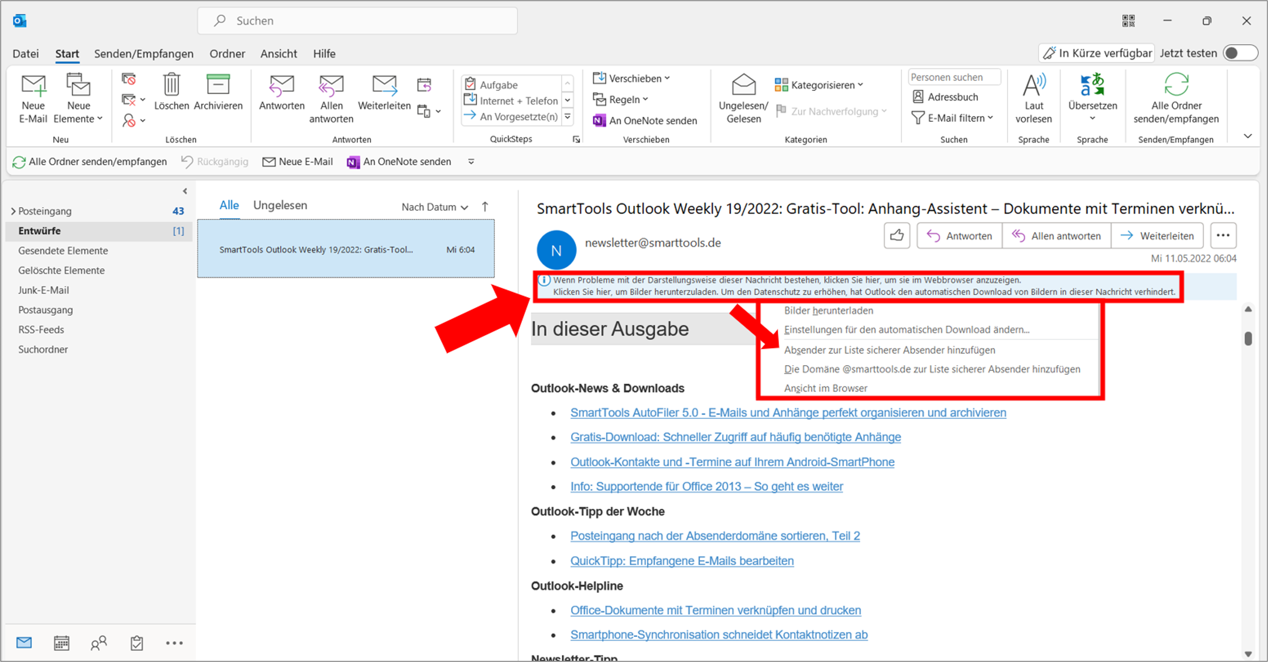 Outlook bietet verschiedene Möglichkeiten für das automatische Herunterladen von Bildern in E-Mails an. Am sichersten geht das über das Hinzufügen des Absenders zu einer Whitelist. Bild: Microsoft Outlook, Büro-Kaizen.