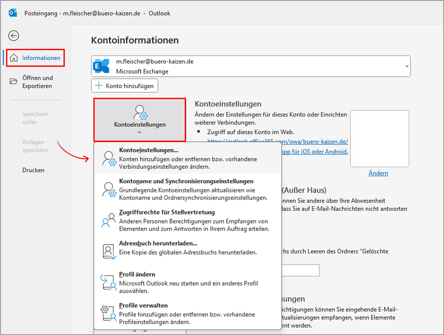 Outlook Cache löschen Exchange Cache Modus Kontoinformationen