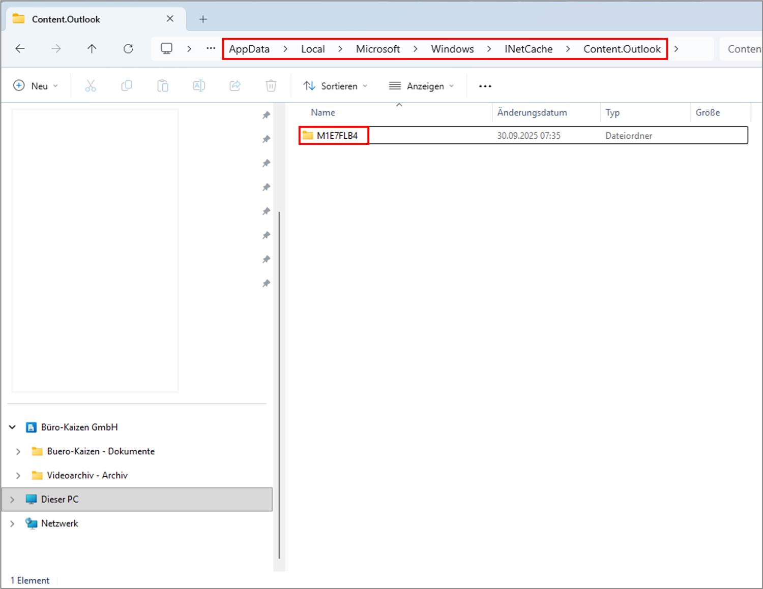 Outlook Cache löschen Windows Pfadeingabe