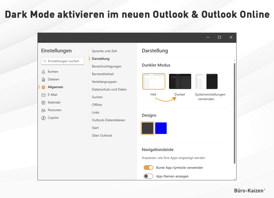 Dark Mode im neuen Outlook oder Outlook Online aktivieren.