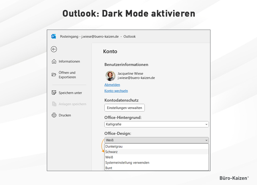 Outlook Dark Mode aktivieren.