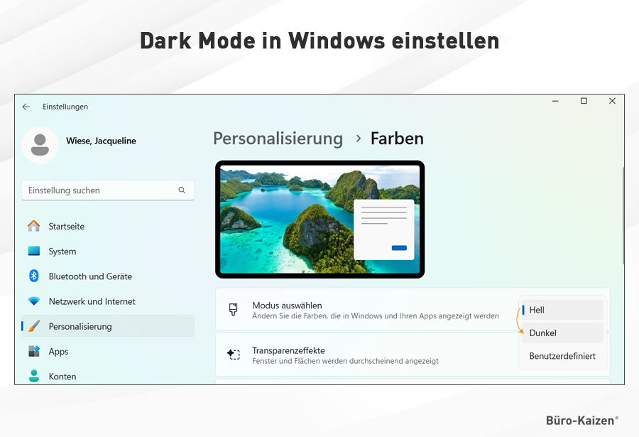 Den Dark Mode in Windows einstellen.