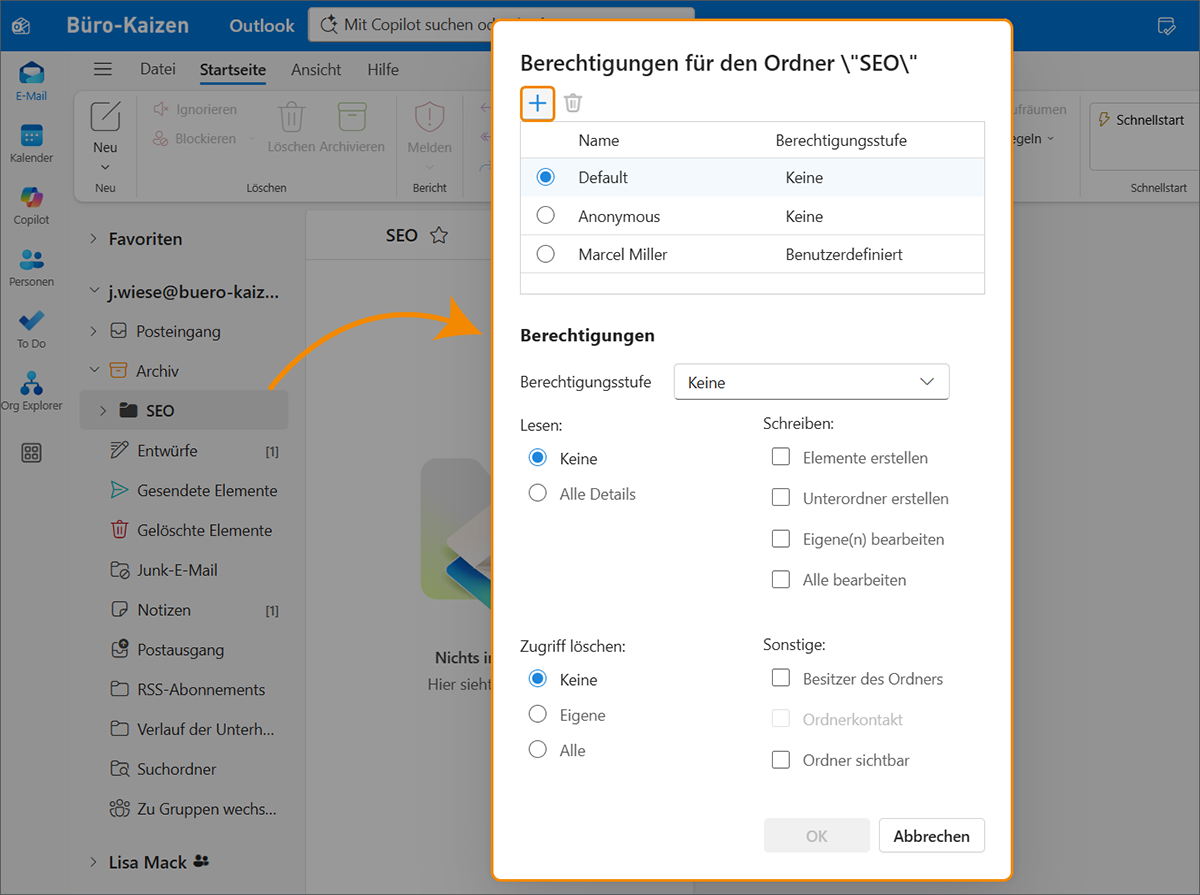 Neue Funktion in Outlook: einfache Ordnerfreigabe.
