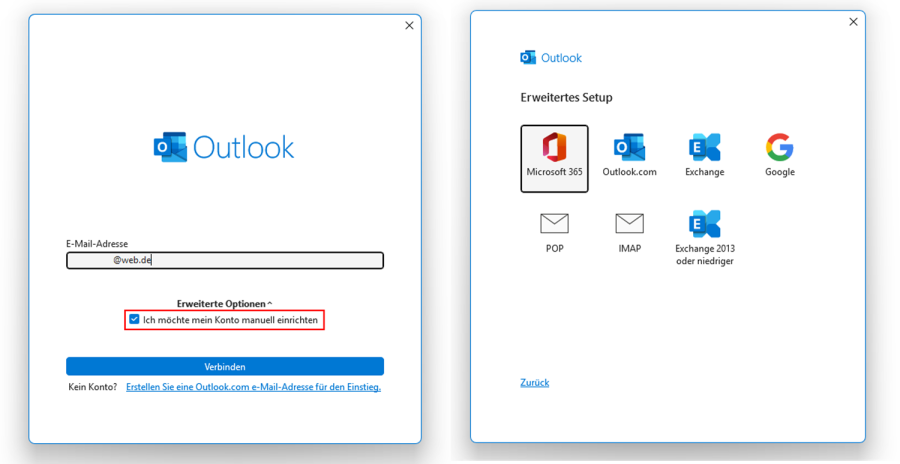Outlook einrichten manuelle Kontoeinrichtung