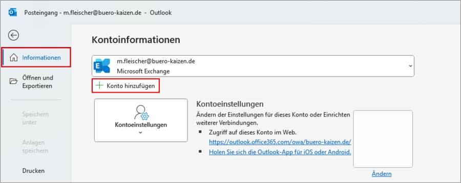 Outlook einrichten Menü Kontoinformationen