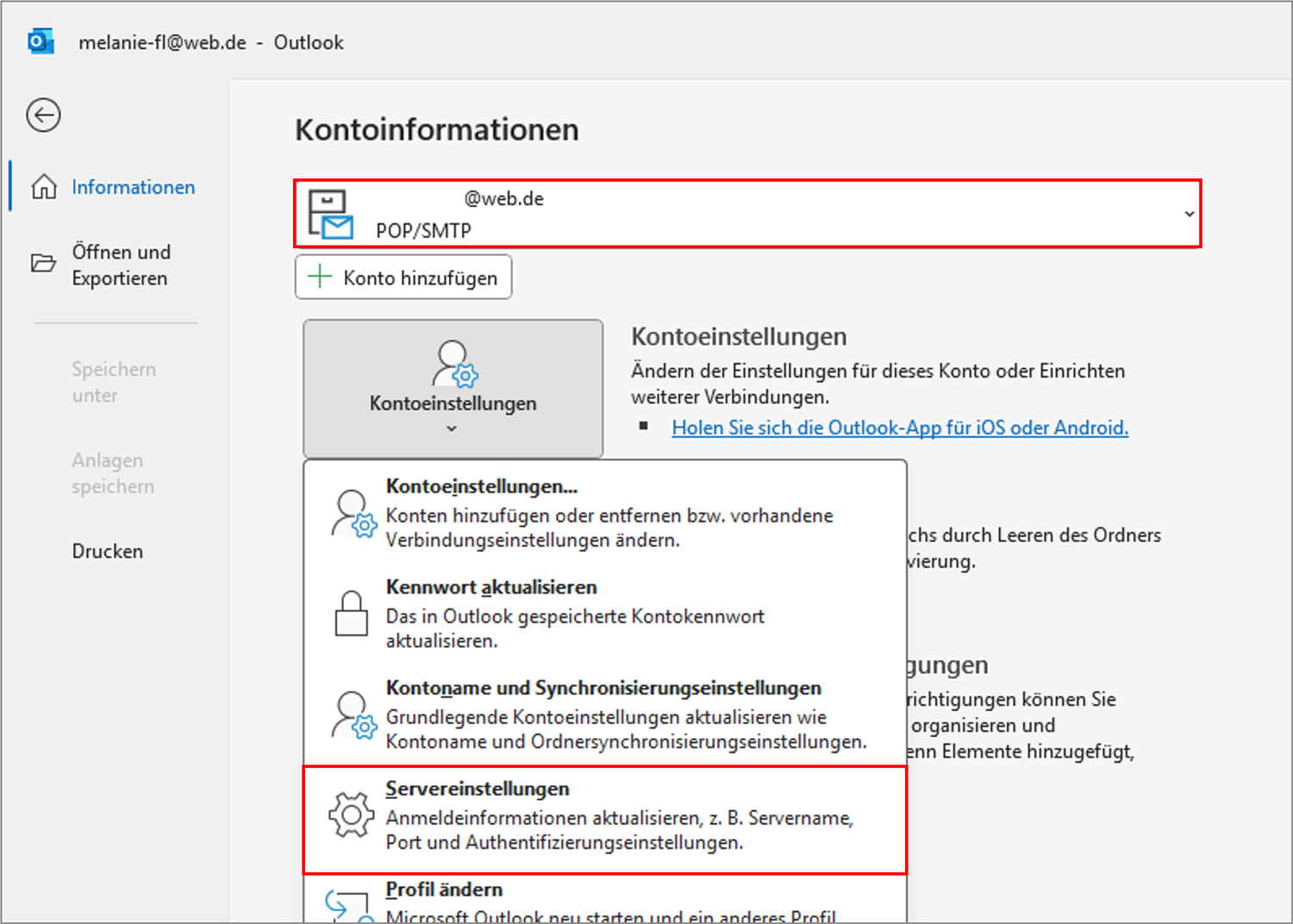 Outlook einrichten Servereinstellungen Menü
