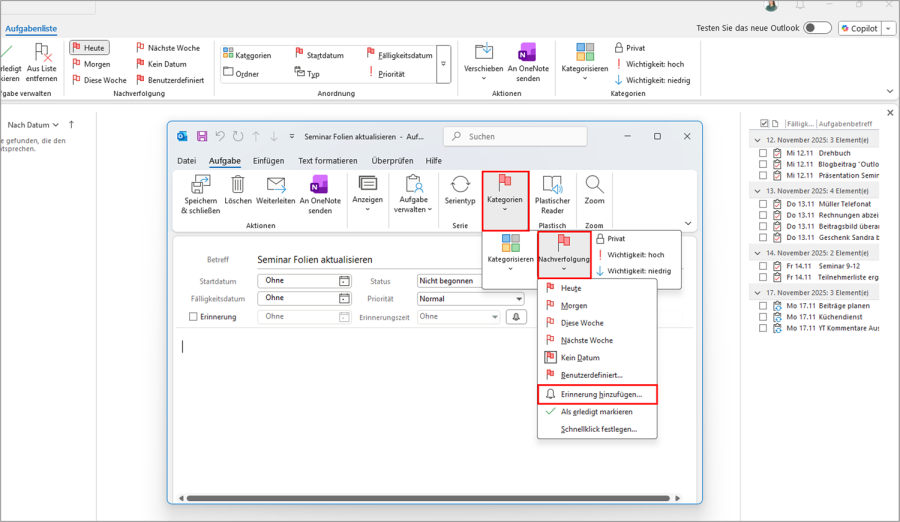 Outlook Erinnerung erstellen Aufgaben