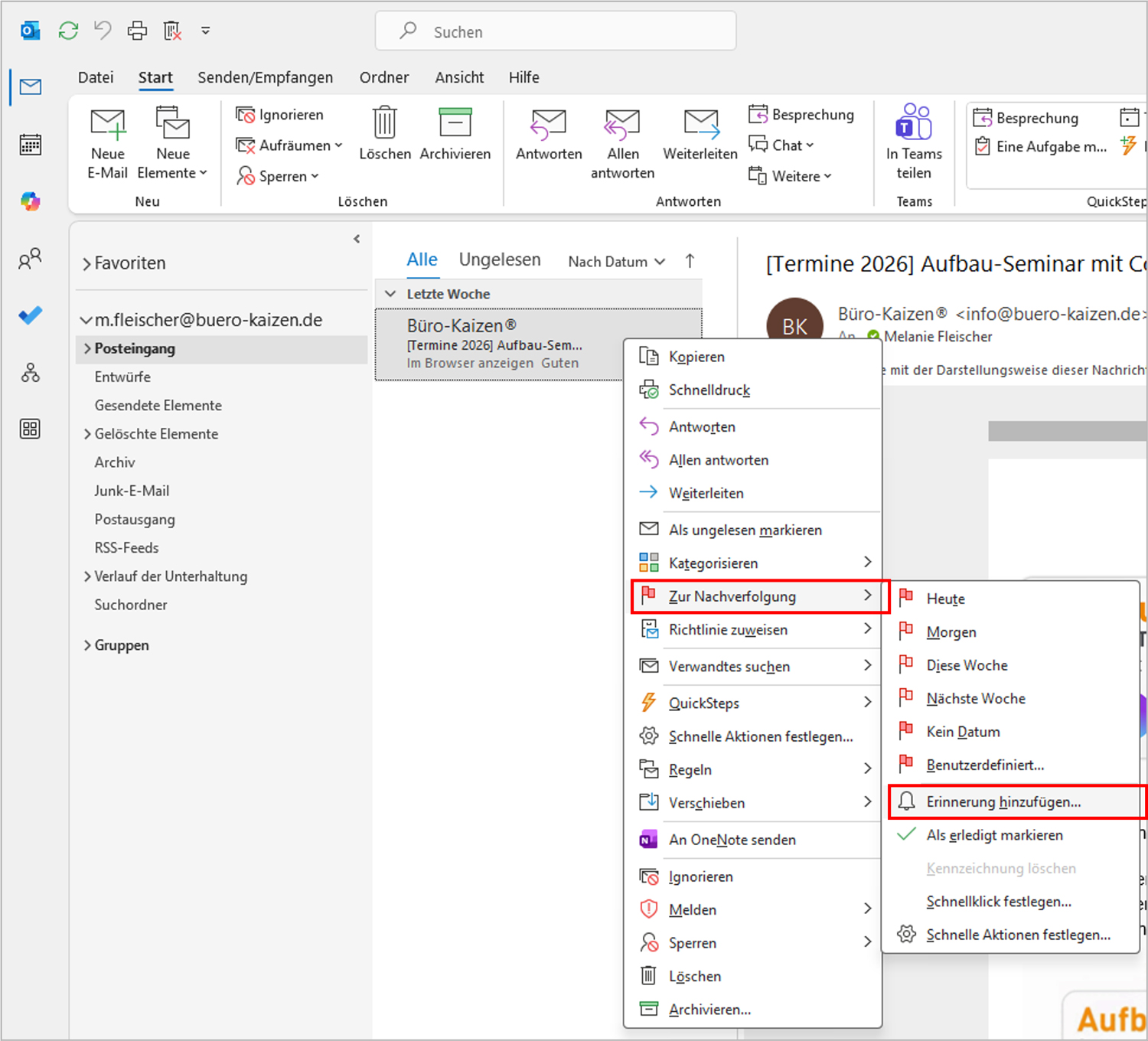 Outlook Erinnerung erstellen Menü