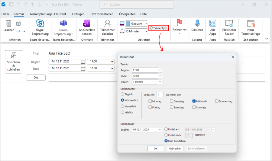 Outlook Erinnerung erstellen Serientermin