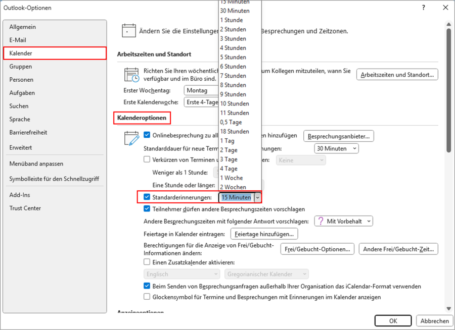 Outlook Erinnerung erstellen Standardzeit