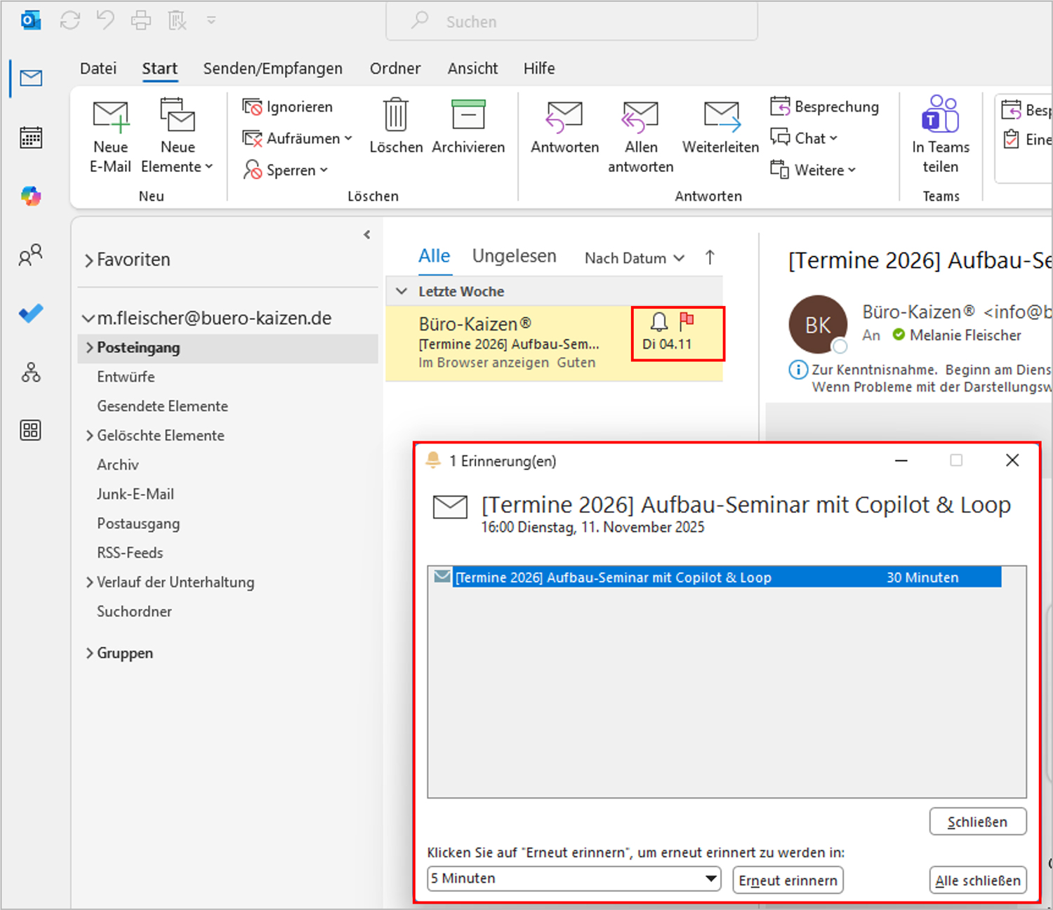 Outlook Erinnerung erstellen Hinweis