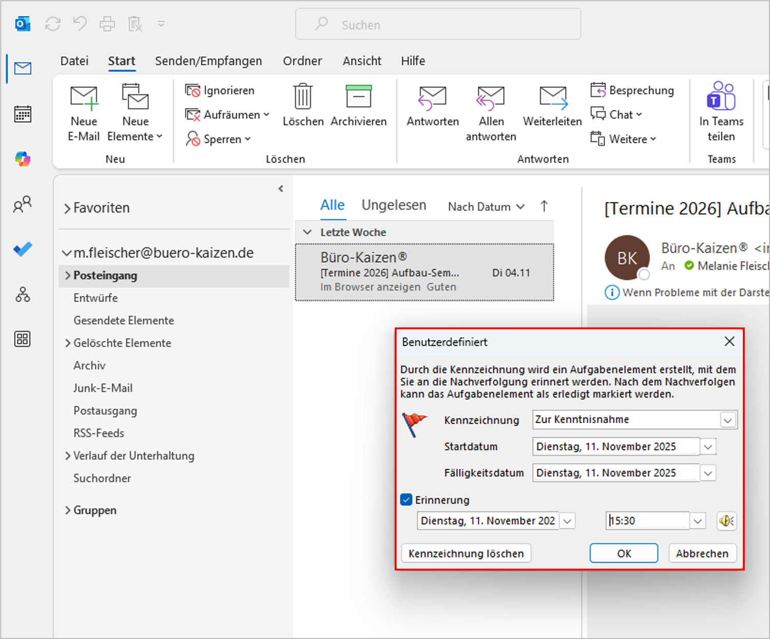 Outlook Erinnerung erstellen Zeitpunkt