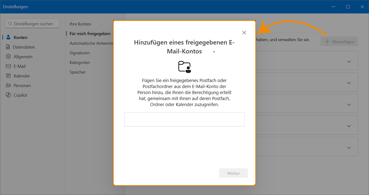 Freigegebenen Ordner in Outlook hinzufügen.