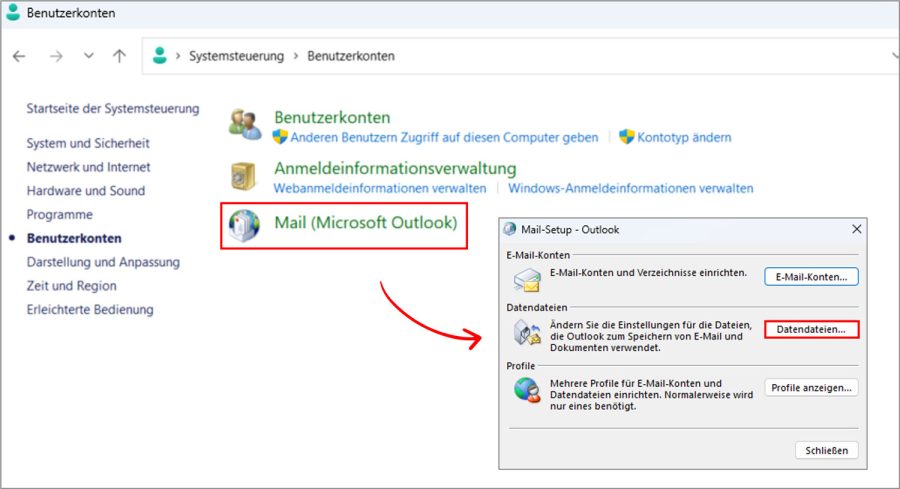 Outlook installieren Systemsteuerung Datendatei einfügen