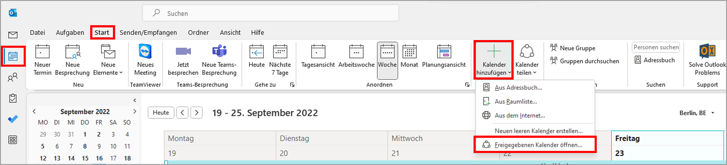 Outlook Kalender löschen: Einen gelöschten freigegebenen Kalender können Sie über "Kalender hinzufügen" wiederherstellen.