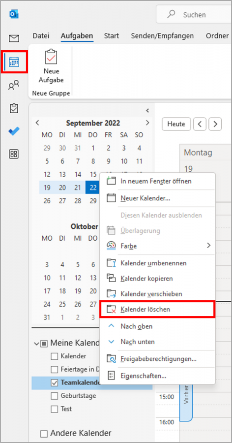 Sie können über das Kontextmenü per Rechtsklick den Outlook Kalender löschen.