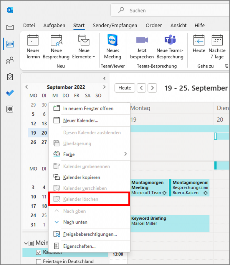 Outlook Kalender löschen: Wenn die Funktion "Kalender löschen" ausgegraut ist, ist das Löschen des Kalenders nicht möglich. 