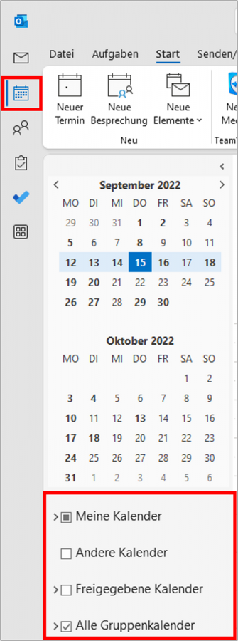 Outlook Kalender löschen: Verfügbare Kalender in Outlook.