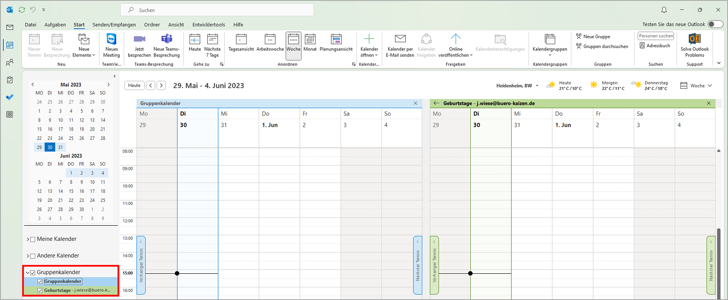 Outlook Kalender synchronisieren: Den Gruppenkalender mit den freigegebenen Kalendern befüllen.