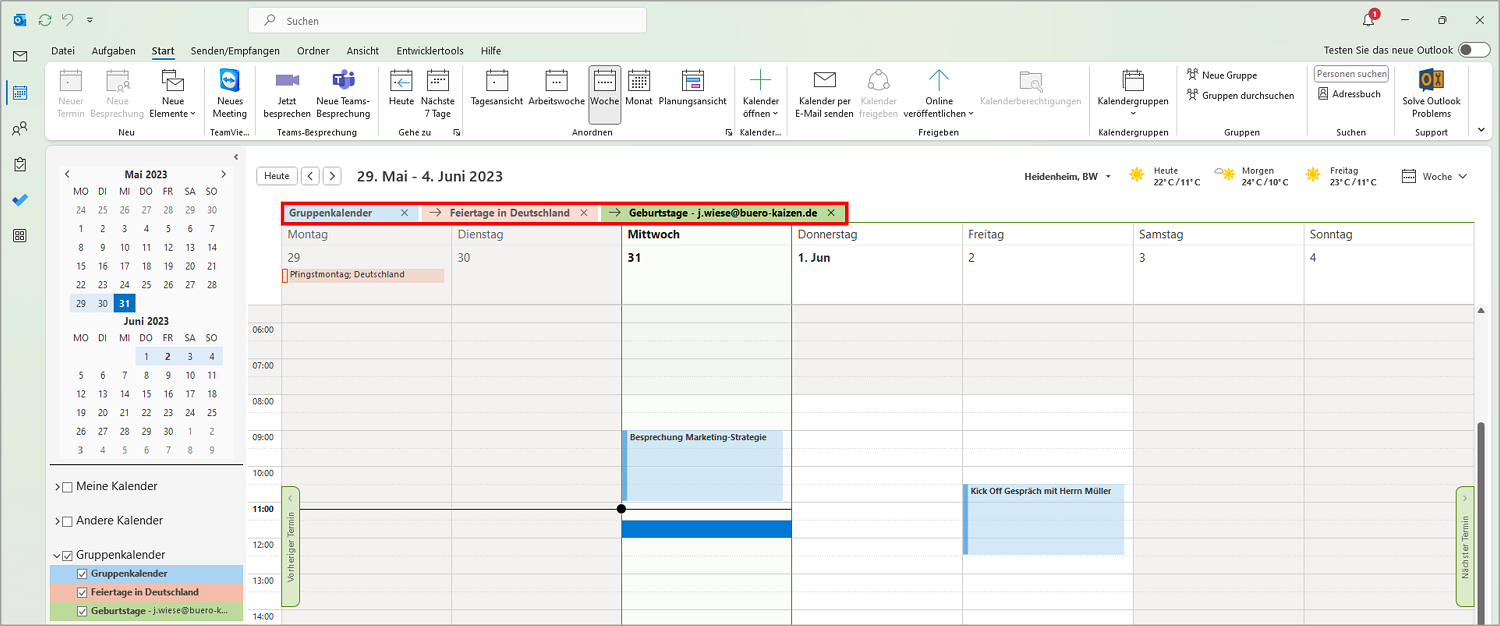 Outlook Kalender synchronisieren: Alle synchronisierten Kalender überlagert anzeigen lassen.