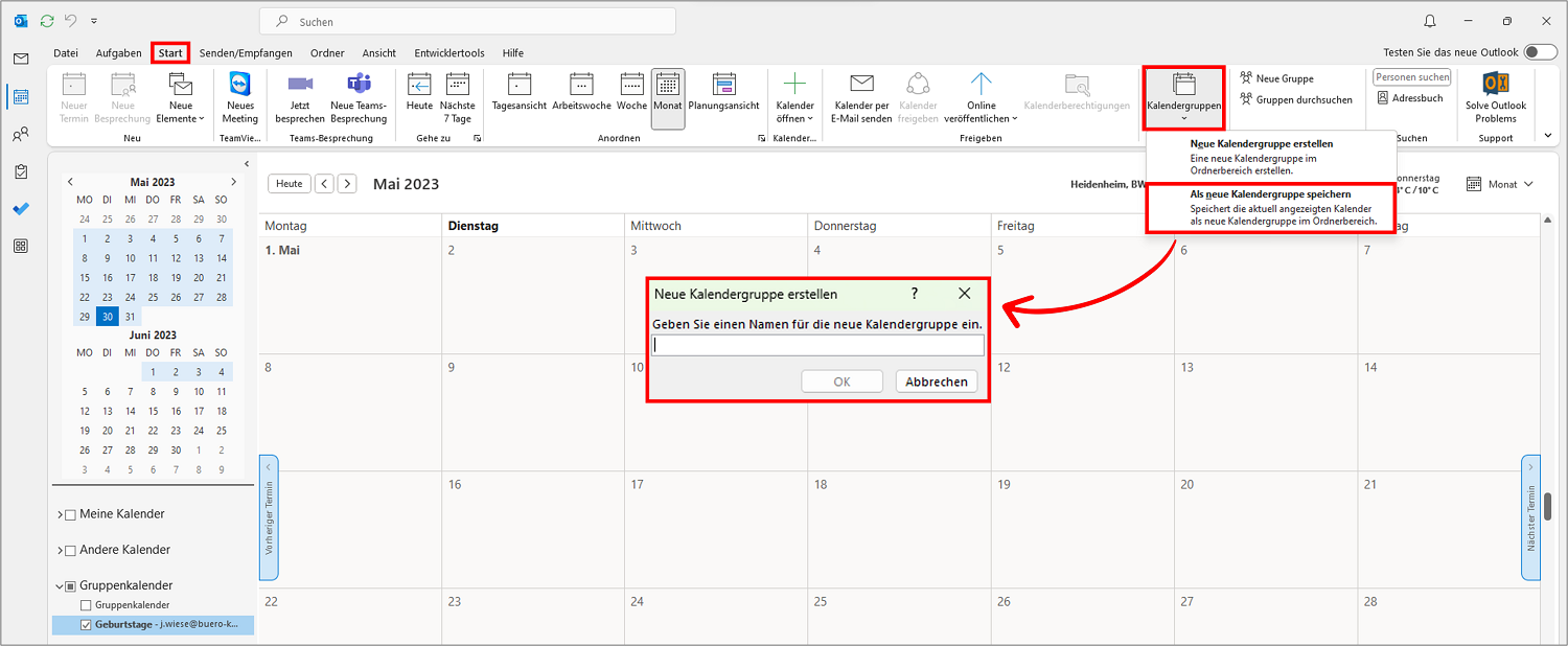 Outlook Kalender synchronisieren: als Kalendergruppe speichern.