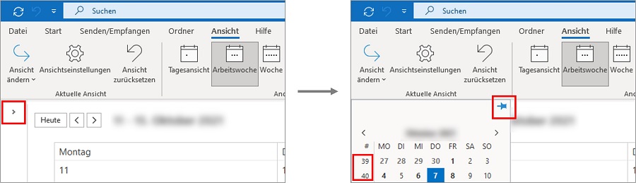 Falls die Miniaturkalenderansicht mit den Kalenderwochen bei Ihnen ausgeblendet ist, müssen Sie einfach nur auf den kleinen Pfeil "Ordnerbereich erweitern" klicken.