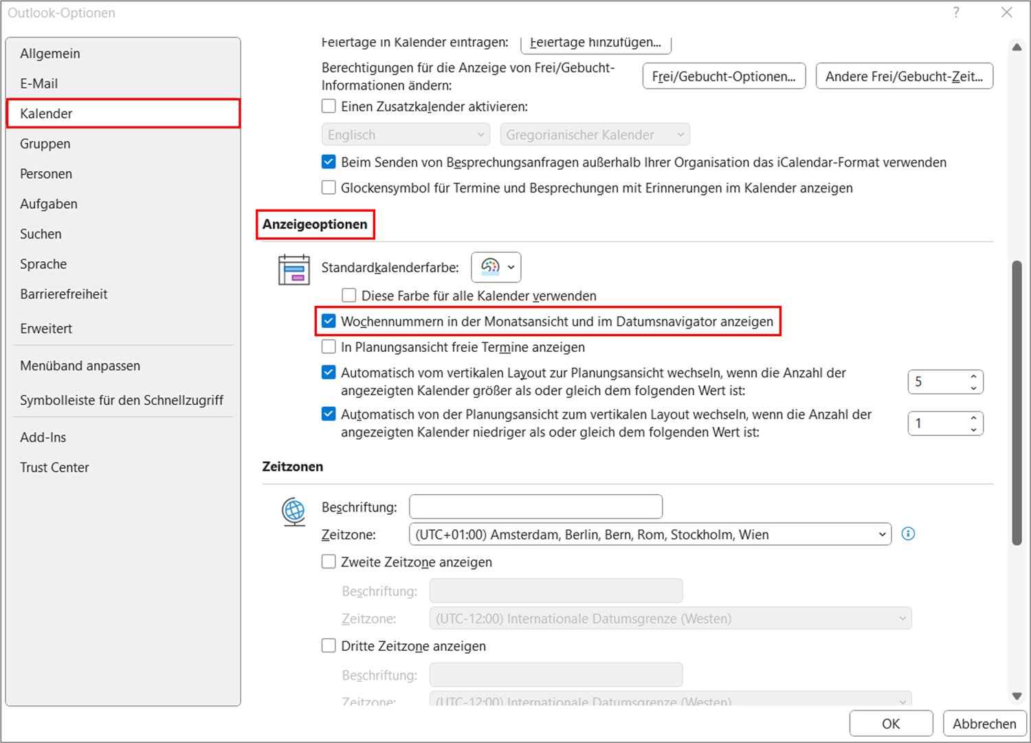 Outlook Kalenderwochen anzeigen Klassisches