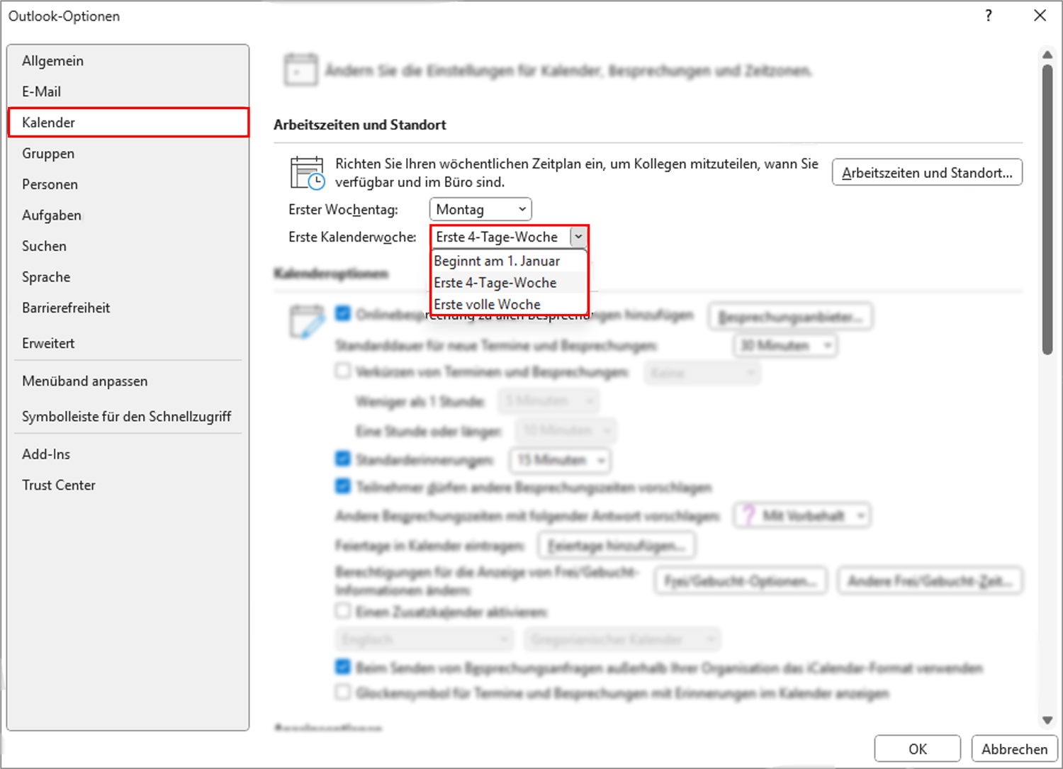 Outlook Kalenderwochen anzeigen Voreinstellungen