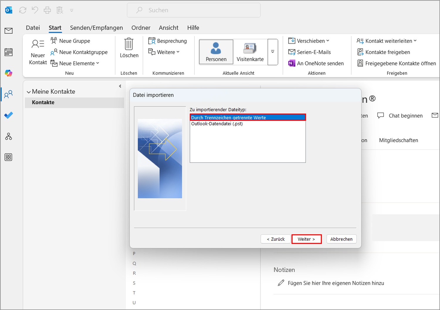 Outlook Kontakte importieren 3 Schritt