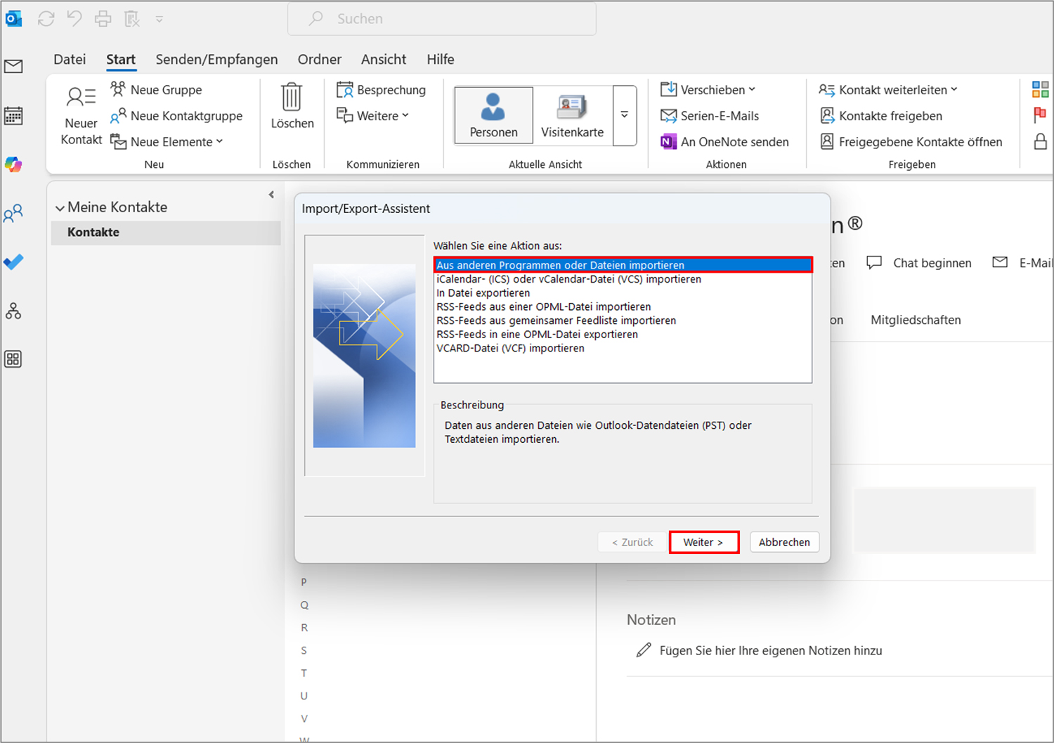 Outlook Kontakte importieren Schritt 2