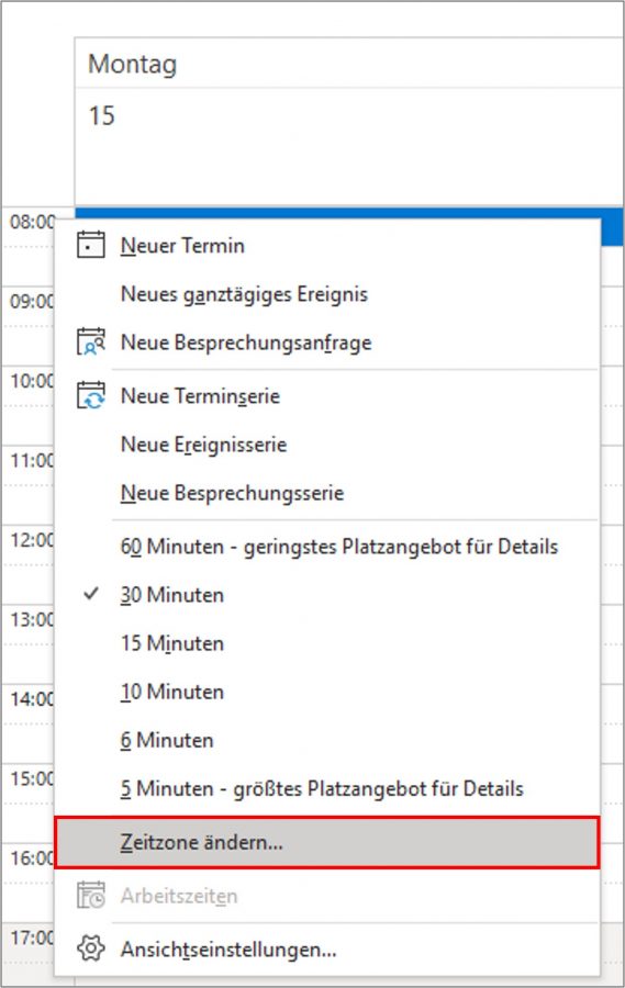 Kontextmenü zu Kalenderdetails – erreichbar mit einem Rechtsklick auf die Uhrzeit im Kalender.