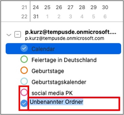 Kalender in Outlook auf dem Mac umbenennen, ein- und ausblenden.