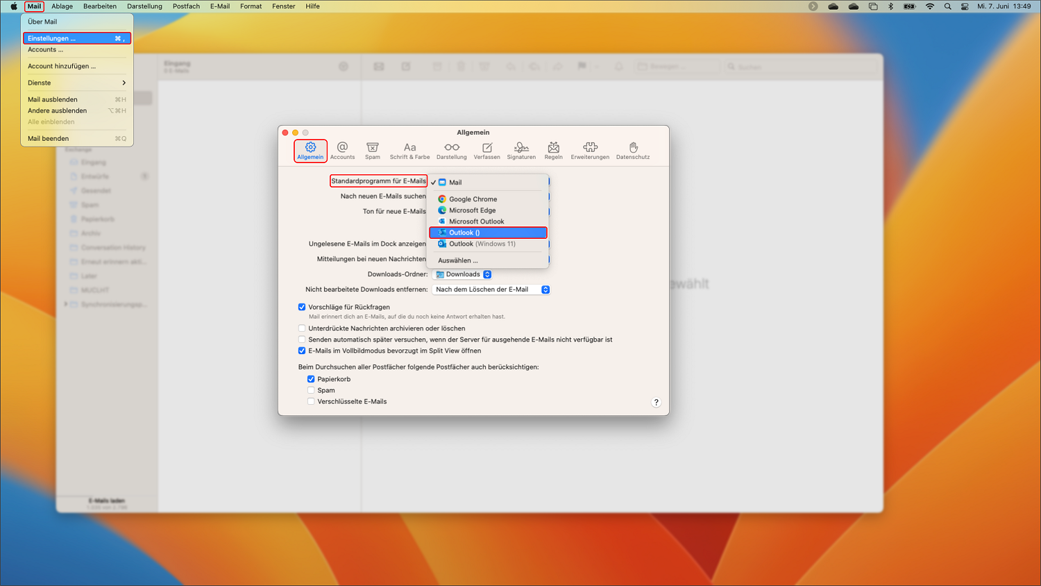 Outlook als Standardprogramm für E-Mails auf dem Mac