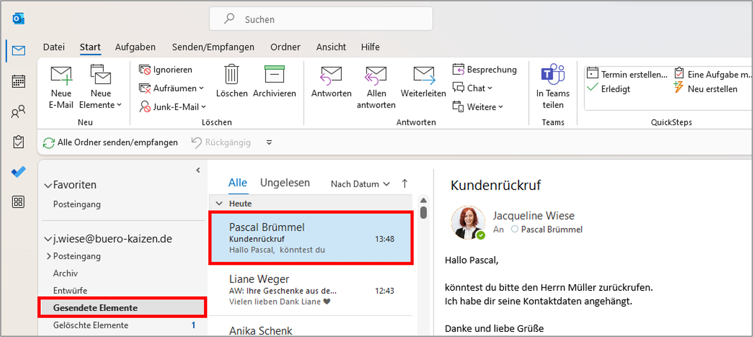 Outlook Mail zurückrufen: Öffnen Sie die E-Mail, die Sie zurückholen möchten, unter "Gesendete Elemente".