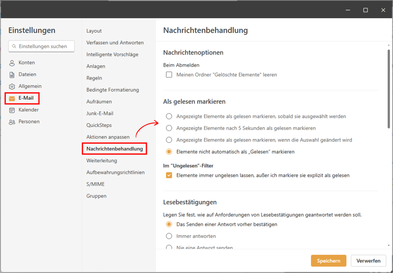 Outlook Nachricht Nicht Automatisch Als Gelesen Markieren Damit Outlook Ihre E-Mails nicht automatisch als gelesen markiert