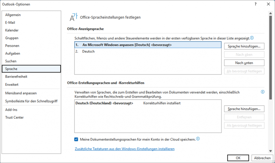 Outlook Sprache ändern und Korrekturhilfe festlegen (Anleitung)