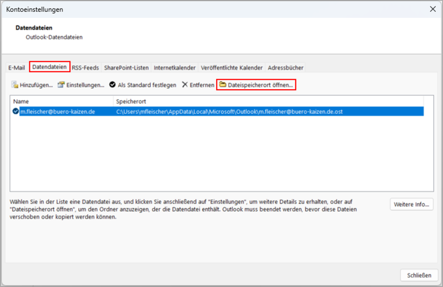 Outlook PST Datei wiederfinden