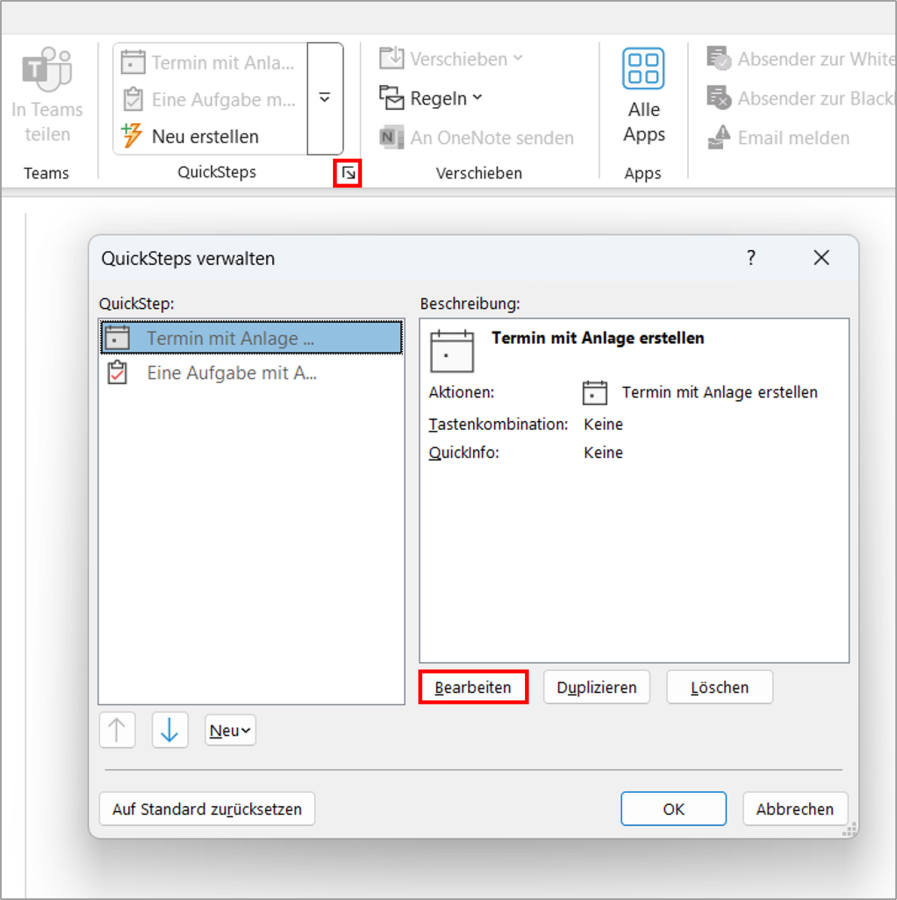 Outlook QuickSteps bearbeiten