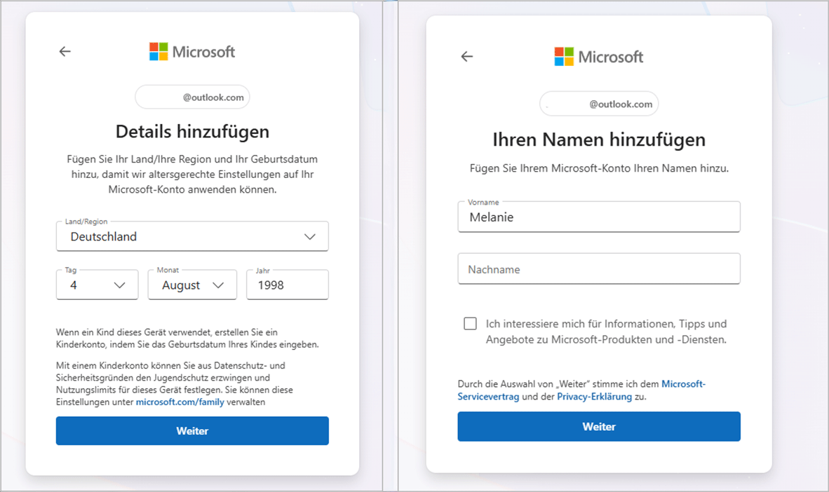 Outlook registrieren persönliche Daten