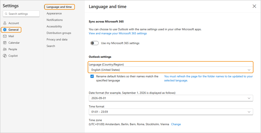 Outlook registrieren Sprache einstellen